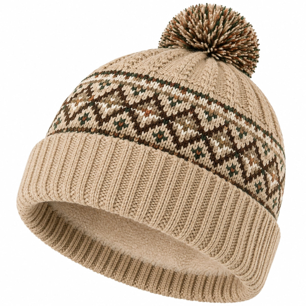 Berretto in maglia taglia unica beige marrone e verde con pompon e fodera interna