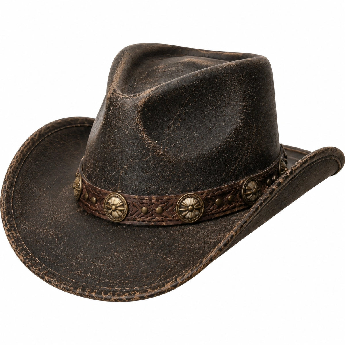 Cappello cowboy taglia unica effetto pelle marrone scuro con tesa curva e fascia decorativa