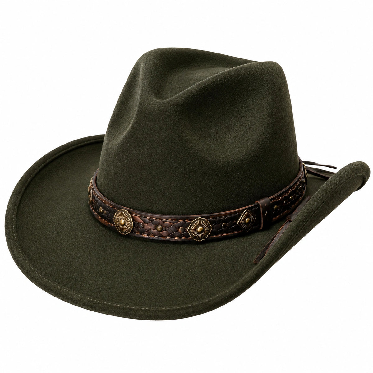 Cappello western taglia unica in feltro verde oliva con fascia decorativa regolabile