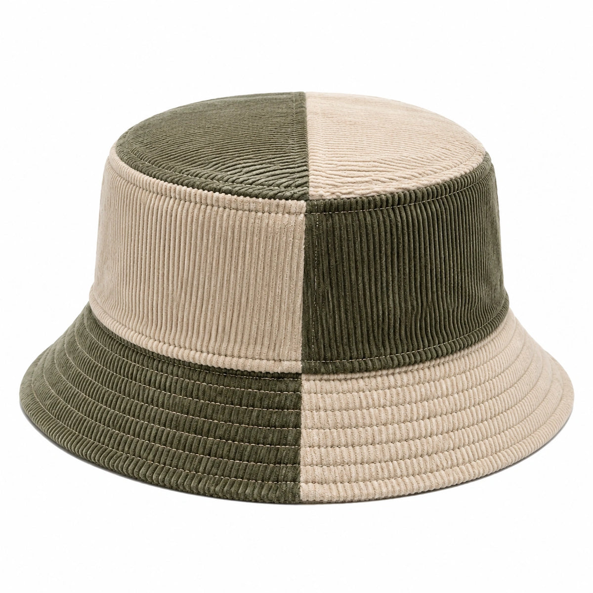 Cappello pescatore taglia unica in tessuto a coste verde oliva e beige bicolore