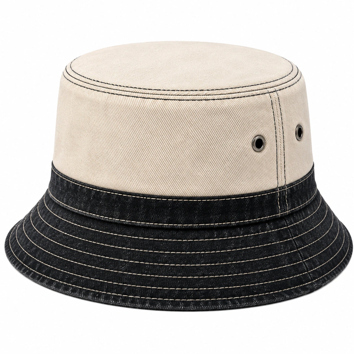 Cappello pescatore taglia unica in denim beige e nero con occhielli traspiranti