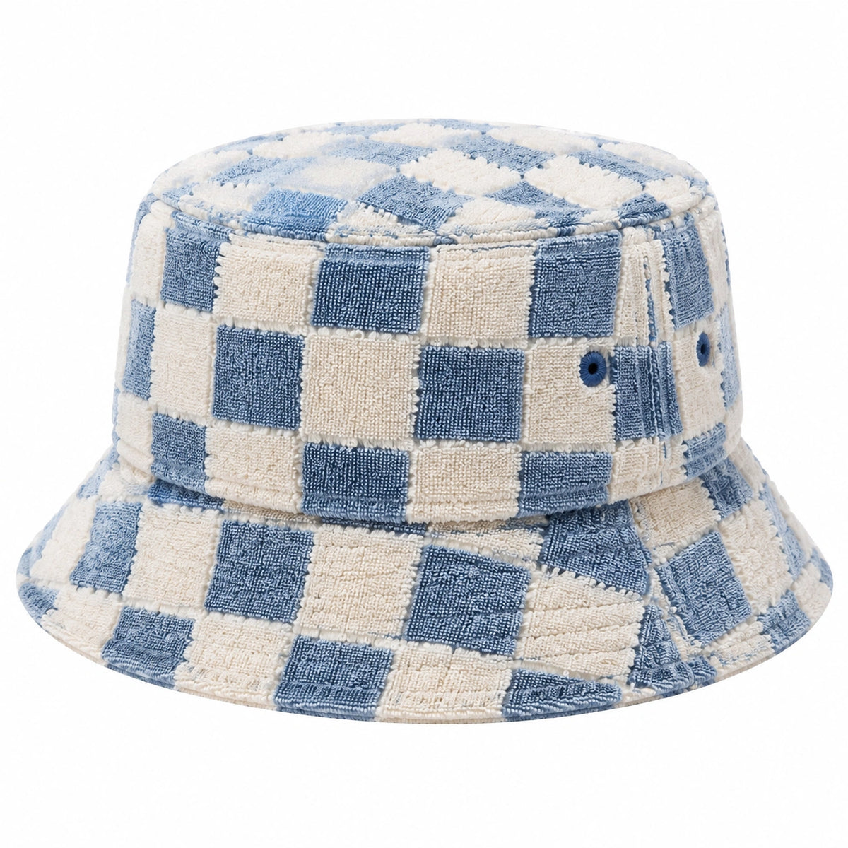 Cappello pescatore taglia unica in tessuto blu e bianco a quadri - tesa morbida